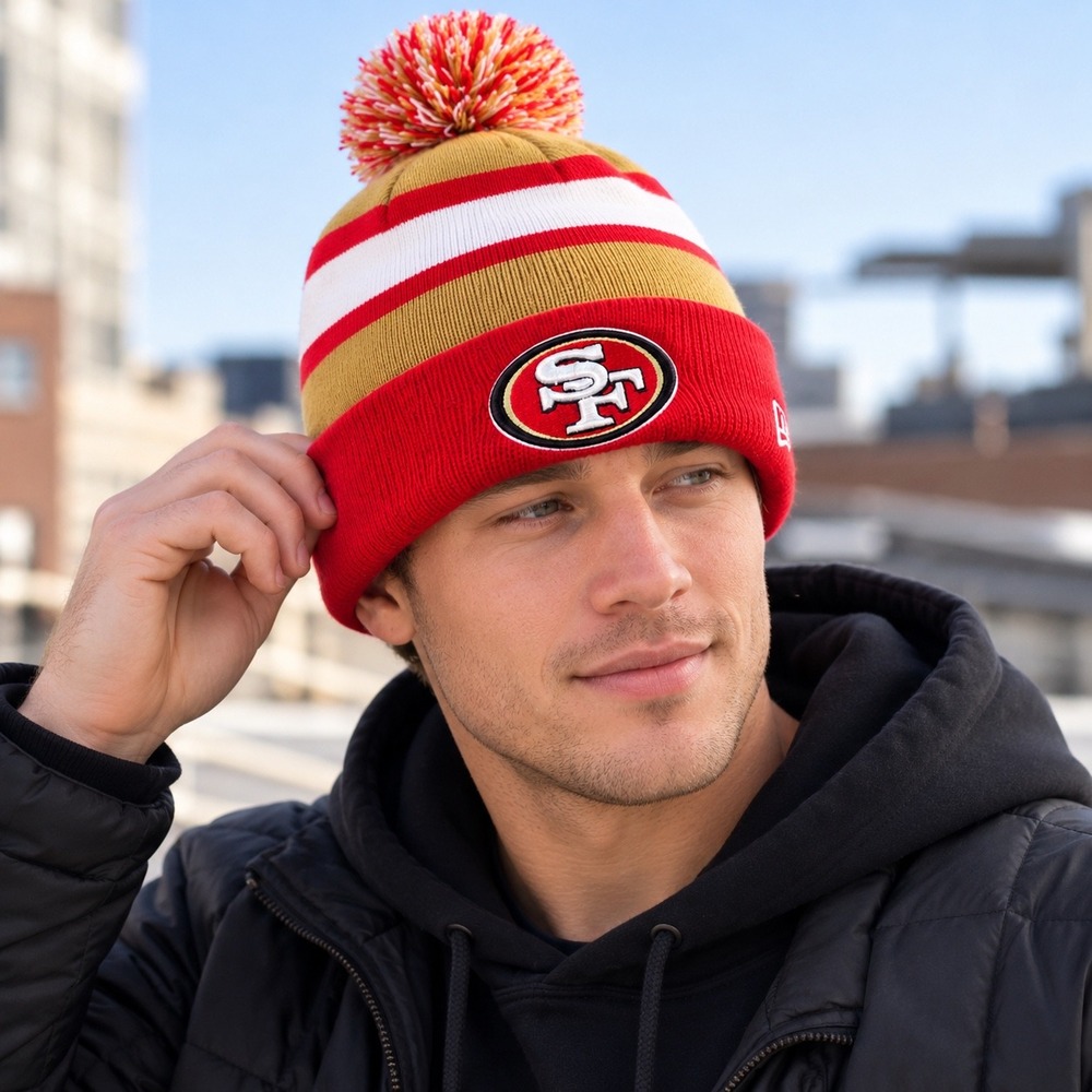 San Francisco 49ers New Era Pom Knit Beanie Red Gold White NFL One Size